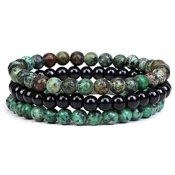 African Turquoise(Jasper) 3Pcs 3 Style Natural African Turquoise(Jasper) & Black Agate Round Beaded Stretch Bracelets Set, Gemstone Stackable Bracelets for Woman, Wide: 4mm, 7-1/4~7-1/2 inch(18.5~19cm), 1Pc/style