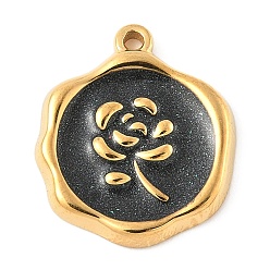 Черный 304 подвески из нержавеющей стали, с эмалью, плоская круглая с подвеской в виде цветка, реальный 18 k позолоченный, чёрные, 18x16x2 мм, отверстие : 1.2 мм