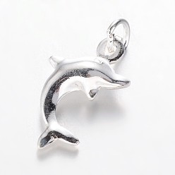 Silver 925 Sterling Silver Dolphin Charms, Silver, 13x8x3mm, Hole: 2mm