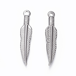 Stainless Steel Color 304 Stainless Steel Pendants, Feather, Stainless Steel Color, 27~29x6x2.5mm, Hole: 1.6mm