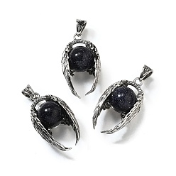 Синий Драгоценный Камень Круглые подвески из синтетического синего золота с камнями, антикварные посеребренные латунные подвески в виде крыльев ангела, стойки покрытие, без свинца и без кадмия, 31~32x17.5~19x12.5~14 мм, отверстие : 5.5x3.5 мм