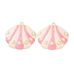 Pink Подвески из эмали и сплава, подвески в форме ракушек, с ABS имитации жемчуга, долговечный, стойки покрытие, золотые, розовые, 33x34.5~35x4.5~5 мм, отверстие : 1.8 мм