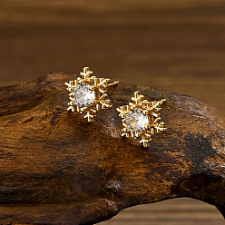 Real 18K Gold Plated Stainless Steel Micro Pave Cubic Zirconia Stud Earrings, Snowflake, Real 18K Gold Plated, 12mm