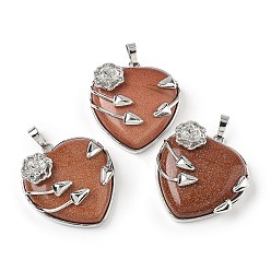 Камень с Пылевым Золотом Подвески в форме сердца из синтетического золота, латунные цветочные обертки для любви, платина, 35x32x11.5 мм, отверстие : 8x5 мм