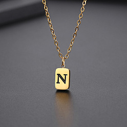 Letter N Titanium Steel Rectangle with Initial Letter Pendant Necklace with Cable Chains for Women, Golden, Letter.N, 17.72 inch(45cm)