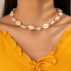 21840 Boho Metal Shell Beaded Pendant Choker Necklace with Adjustable Cord