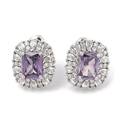 Средний Фиолетовый Прямоугольные серьги-гвоздики с паве из кубического циркония из латуни для женщин, платина, средне фиолетовый, 15x13 мм