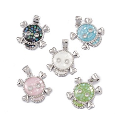 Mixed Color Halloween Natural Shell Pendants, Skull Charms, Dyed, with Rack Plating Platinum Tone Brass Findings, Long-Lasting Plated, Mixed Color, 19.5x18.5x3mm, Hole: 4x3.5mm