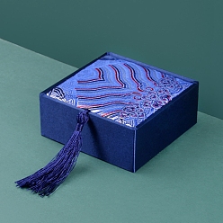 Dark Blue Chinese Style Wave Brocade & Satin Box, for Bracelet, Earring, Square, Dark Blue, 10x10x4cm