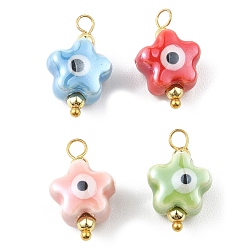 Mixed Color Handmade Porcelain Pendants, with Golden Tone Brass Findings, Star with Evil Eye, Mixed Color, 18.5x11.5x8mm, Hole: 2.5mm