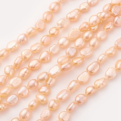 Light Salmon Natural Cultured Freshwater Pearl Beads Strands, Nugget, Light Salmon, 6~9x6~7mm, Hole: 0.5mm, about 47pcs/strand, 14.1~14.3 inch(36~36.5cm)