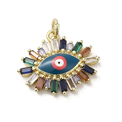 Teal Brass Enamel Pendants, with Glass and Jump Ring, Real 18K Gold Plated, Evil Eye Charm, Teal, 17x20.5x5mm, Hole: 3.5mm