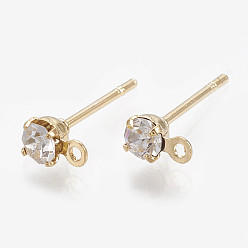 Real 18K Gold Plated Brass Stud Earring Findings, with Loop, Real 18K Gold Plated, with Cubic Zirconia, , Clear, 5.5x3mm, Hole: 0.8mm, Pin: 0.7mm