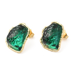 Sea Green Rack Plating Brass Stud Earring, Iceberg Melting Shaped Glass Earrings for Women, Long-Lasting Plated, Cadmium Free & Lead Free, Real 18K Gold Plated, Sea Green, 20x16mm