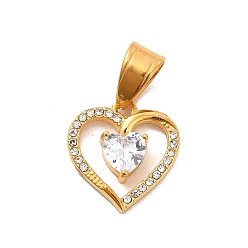 Golden 304 Stainless Steel Crystal Rhinestone Pendants, Heart Charm, Golden, 17x16x4mm, Hole: 7x5mm