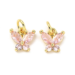 Pearl Pink Rack Plating Brass Inlaid Cubic Zirconia Charms, with Jump Rings, Cadmium Free & Lead Free, Golden, Butterfly, Pearl Pink, 10x10x3.5mm, Hole: 3.4mm