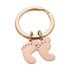 Rose Gold 304 Stainless Steel Pendant Keychain, Smooth Laser Cut Footprint Keychain, Rose Gold, two footprint, 4.5cm