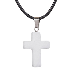 White Jade Natural White Jade Cross Pendant Necklaces, with Imitation Leather Cords, 17.80 inch(45.2cm)