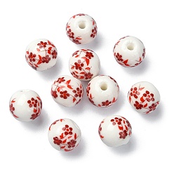 Indian Red Handmade Printed Porcelain Round Beads, with Flower Pattern, Indian Red, 10mm, Hole: 2mm