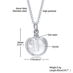 Clear Glass Apple Perfume Bottle Necklaces, with Stainless Steel Cable Chains, Clear, 19.69 inch(50cm)