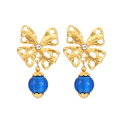 Mute gold Vintage Style Butterfly Bowknot Earrings with Rhinestones and Glass Pendant Ear Jewelry