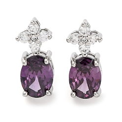 Фиолетовый Латунные серьги-гвоздики с цветком и овалом из кубического циркония для женщин, платина, фиолетовые, 15x7 мм