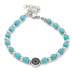 Солнце 304 Женские круглые браслеты из нержавеющей стали и синтетической бирюзы из бисера, солнце, 7-3/8 дюйм (18.8 см)