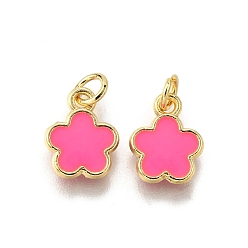 Ярко-Розовый Латунь эмаль прелести, с целью перехода в кольце, цветочный шарм, стойки покрытие, без кадмия и без свинца, долговечный, золотые, ярко-розовый, 10x8x1.5 мм, отверстие : 3 мм