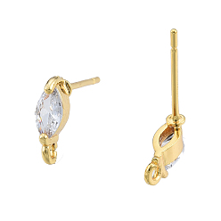 Golden Brass Pave Clear Cubic Zirconia Stud Earring Findings, with Vertical Loops, Horse Eye, Nickel Free, Golden, 9x3mm, Hole: 1.2mm, Pin: 0.8mm