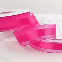 Deep Pink Polyester Organza Ribbons, Garment Accessories, Gift Wrapping Ribbon, Deep Pink, 1 inch(25mm), about 49.21 Yards(45m)/Roll