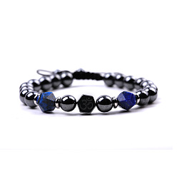 Lapis Lazuli Synthetic Hematite & Natural Lapis Lazuli Braided Bead Bracelets, Yoga Theme Stainless Steel Adjustable Bracelet, 7-1/8~10-1/4 inch(18~26cm)