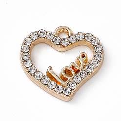 Crystal Alloy Rhinestone Pendants, Heart with Word Love Charm, Golden, Crystal, 14.5x14.5x2.5mm, Hole: 1.6mm