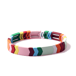 Chevron Rainbow Color Enamel Tile Elastic Bracelet, Alloy Beaded Stretch Bracelet for Women, Chevron Pattern, Wide: 10mm