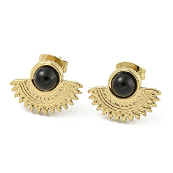 Black Agate Real 18K Gold Plated 304 Stainless Steel Fan Stud Earrings, with Natural Black Agate, 11.5x15.5mm