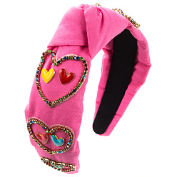 Hot Pink Valentine's Day Heart Metal Enamel & Rhinestone Hair Bands, Wide Twist Knot Cloth Hair Accessories for Women Girls, Hot Pink, 150x130x30mm