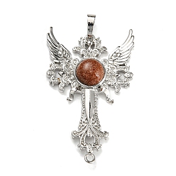 Goldstone Synthetic Goldstone Big Pendants, Cross with Wing Charms, with Platinum Plated Brass Findings, 52.5x32x7~7.5mm, Hole: 4x8mm & 2mm