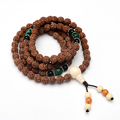 Tan 5-Loop Wrap Style Buddhist Jewelry, Rudraksha Mala Bead Bracelets/Necklaces, with 3-Hole Guru Beads(Random Color and Style), Tan, 35-1/2 inch(90cm), Bead: 8~10mm