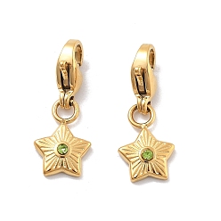 Перидот Звезда 304 подвеска из нержавеющей стали со стразами, украшения с застежкой в виде клешни лобстера, ионное покрытие (ip), реальный 14 k позолоченный, перидот, 20.5 мм