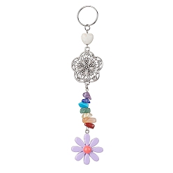 Medium Purple Flower Resin Keychains, with Chakra Gemstone Chip and 304 Stainless Steel Split Key Rings and Tibetan Style Alloy Links, Medium Purple, 14.5cm