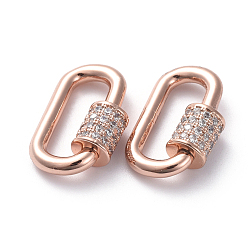 Real Rose Gold Plated Brass Micro Pave Cubic Zirconia Screw Carabiner Lock Charms, for Necklaces Making, Long-Lasting Plated, Oval, Clear, Real Rose Gold Plated, 17.1x10.5x2mm