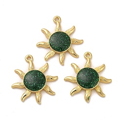 Green Brass Pendants, with Enamel, Real 18K Gold Plated, Glitter Sun Charm, Green, 22x20x4mm, Hole: 1.2mm