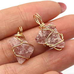 Strawberry Quartz Raw Rough Natural Strawberry Quartz Pendants, Nuggets Charms with Golden Plated Copper Wire Wrapped, 18~30x12~22mm