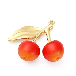 Оранжево-Красный Подвески из латуни и пластика вишни, фруктовые прелести, реальный 18 k позолоченный, стойки покрытие, долговечный, без кадмия и без свинца, оранжево-красный, 31x34.5x13 мм, отверстие : 1.8 мм