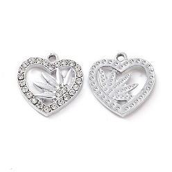 Platinum Alloy Crystal Rhinestone Pendants, Heart with Flower Charms, Platinum, 18.5x18x2.5mm, Hole: 2mm
