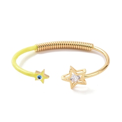 Yellow Enamel Star with Evil Eye Open Cuff Bangle with Clear Cubic Zirconia, Real 18K Gold Plated Brass Jewelry for Women, Yellow, Inner Diameter: 2-5/8 inch(6.6cm)