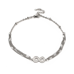 Infinity Tarnish Resistant 304 Stainless Steel Link Anklet with Satellite Chains for Women, Stainless Steel Color, Infinity Pattern, Infinity: 20x8.5x0.5mm, 8-5/8 inch(22cm)