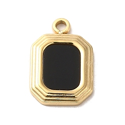 Black 304 Stainless Steel Pendants, with Enamel, Real 14K Gold Plated, Octagon Charm, Black, 15x10x1.5mm, Hole: 1.5mm