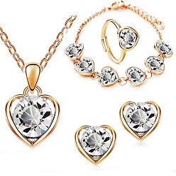 Clear Glass Heart Jewelry Set, Light Gold Alloy Pendant Necklace & Chain Bracelet & Stud Earrings & Adjustable Ring, Clear, 450mm, 11x12mm, Inner Diameter: 17mm, 230mm