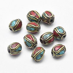 Colorful Handmade Indonesia Beads, with Brass, Synthetic Coral, Turquoise, Oval, Colorful, 10~10.5x9~10mm, Hole: 1.5mm