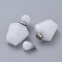 White Jade Faceted Natural White Jade Openable Perfume Bottle Pendants, Essential Oil Bottles, with 304 Stainless Steel Findings, Stainless Steel Color, 35.5~37.5x23x13.5mm, Hole: 1.8mm, Capacity: about 2ml(0.06 fl. oz)